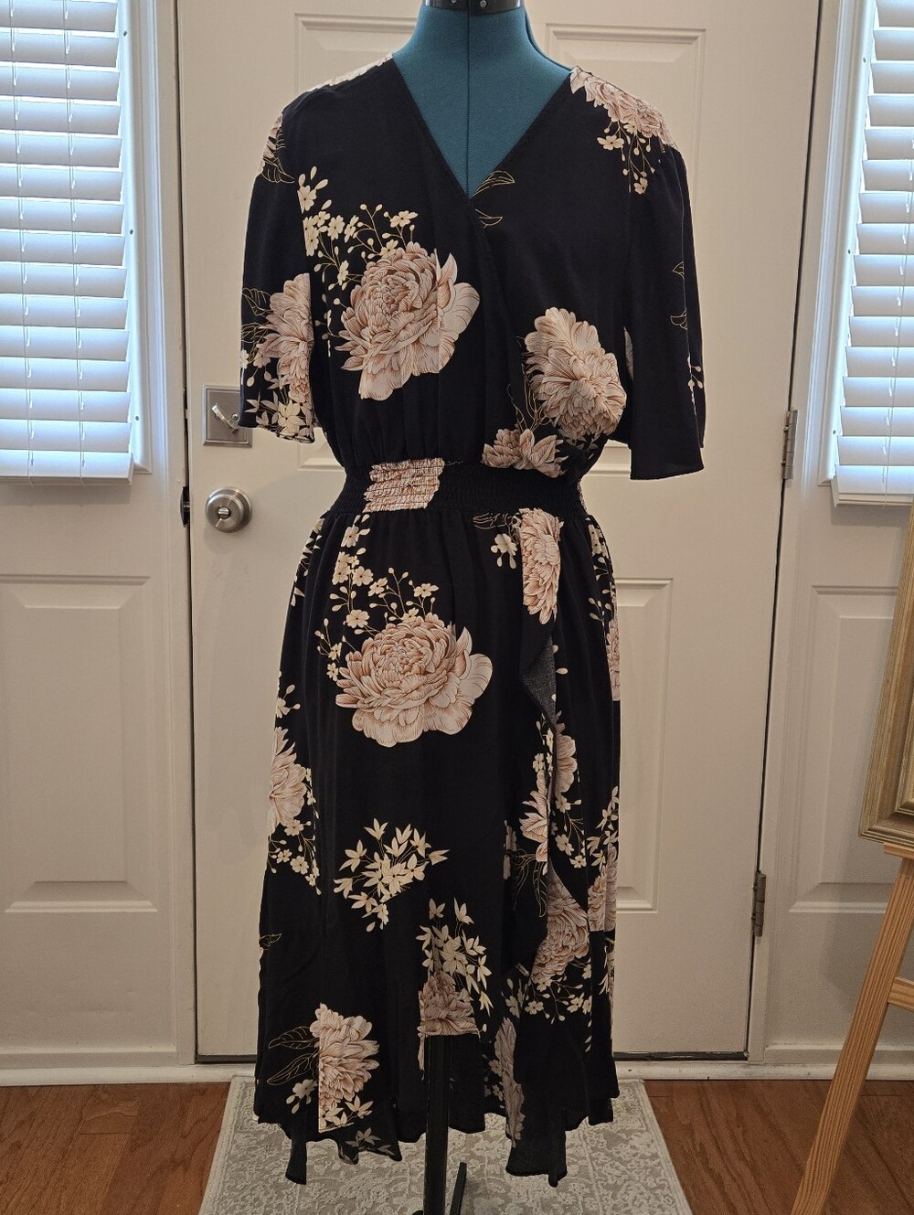 Floral Wrap Midi Dress in Black and Blush